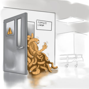 Cartoon of mealworms bursting out of a fertility centre door - fun illustration of how fast mealworms breed